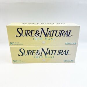 TWO Vintage 1991 Sure & Natural Regular Thin Maxi Pads 10 ea NOS New *Read
